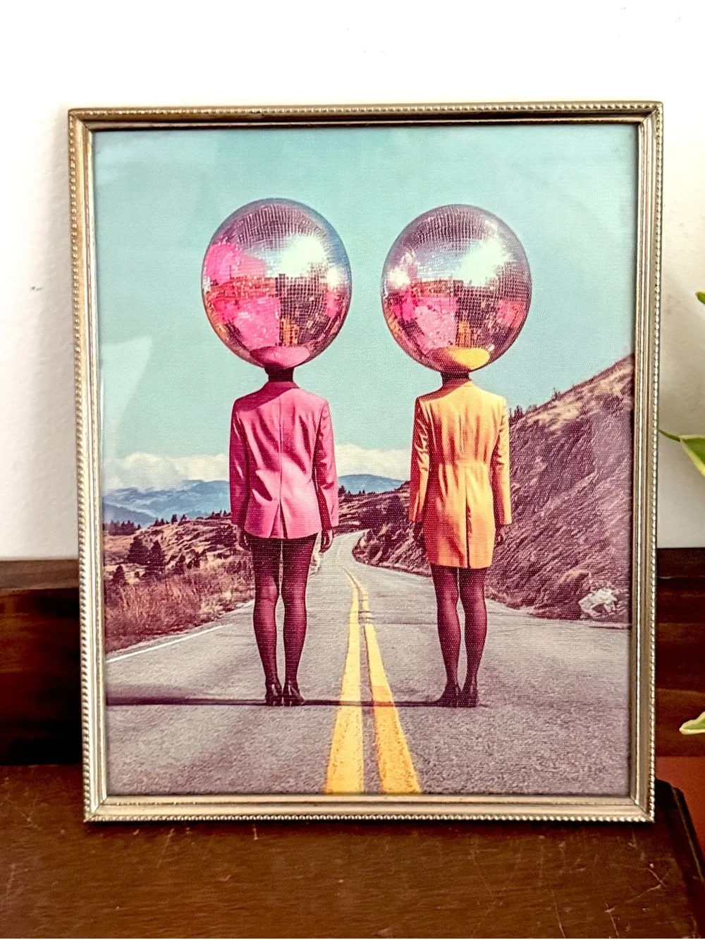 Vintage Surrealist Disco Ball Head Art 8x10 Gold Frame Eclectic Dopamine Decor